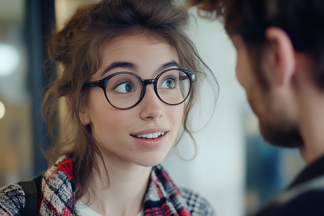 a nerdy woman excitedly talking to a man