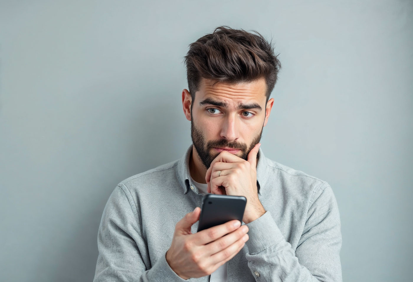 man thinking holding phone